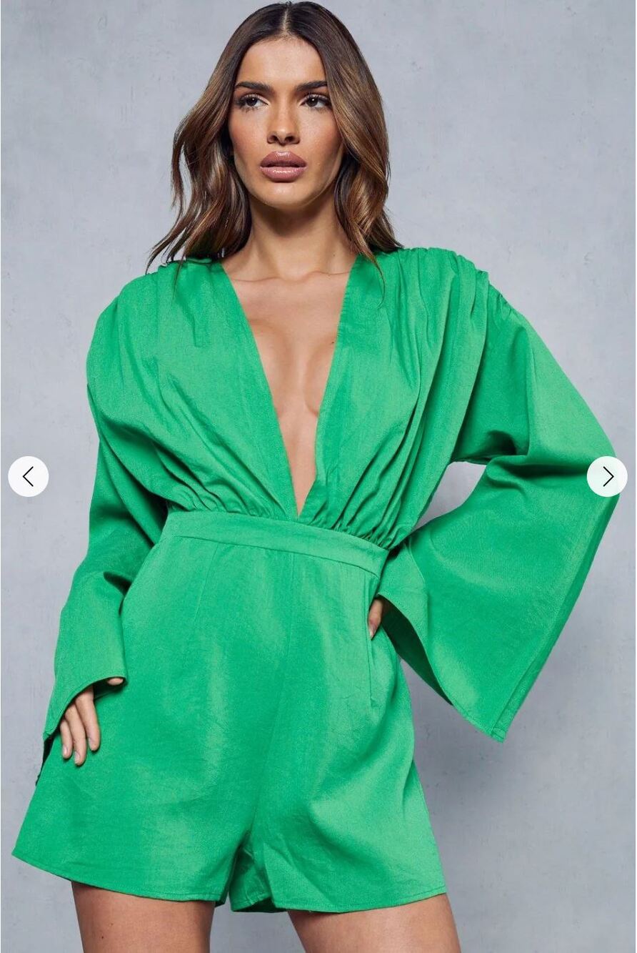 NEW MissPap Plunge Front Romper 6 Green Tie Back Playsuit Linen Look Glam